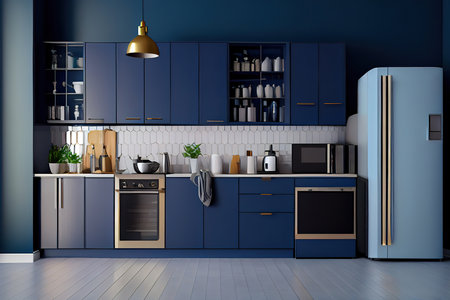Modern style kitchen interior design with dark blue wall.3d rendering. Generative Aiの素材
