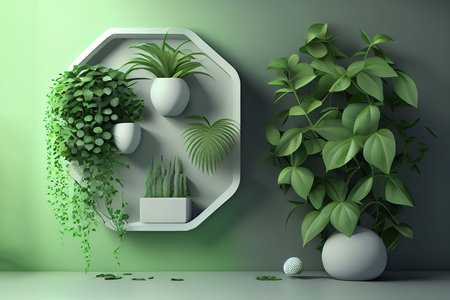 Interior wall with green plant,green wall and shelf.3d rendering. Generative Aiの素材