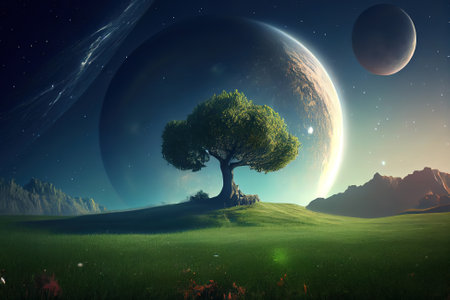 3D tree against a moon night sky. Generative Aiの素材