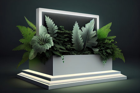Illuminated display countertop or stage podium with green plants. Generative Aiの素材
