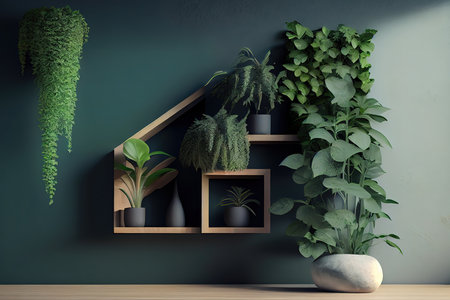 Mockup green wall with wooden cabinet and accessories decoration. Generative Aiの素材