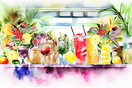 Bar counter with cocktails fruits berries tropical leaves sunglasses. Generative Aiの素材