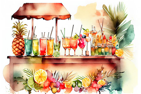 Bar counter with cocktails fruits berries tropical leaves sunglasses. Generative Aiの素材