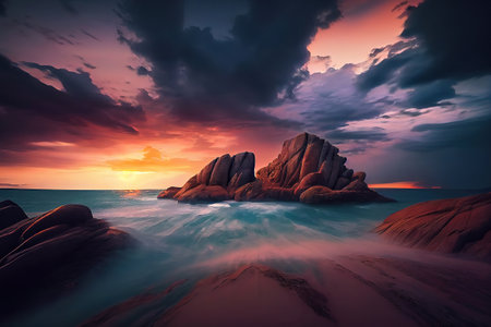 Long exposure image of dramatic sky seascape with rock in sunset. Generative Aiの素材