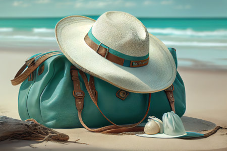 Turquoise bag and white hat on the beach. Generative Aiの素材