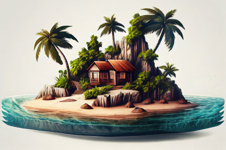 Piece of tropical island with water, palms and bungalow on a beach. Generative Aiの素材