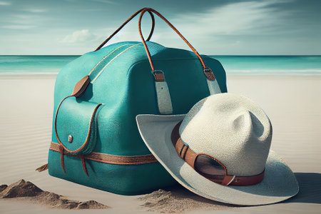Turquoise bag and white hat on the beach. Generative Aiの素材