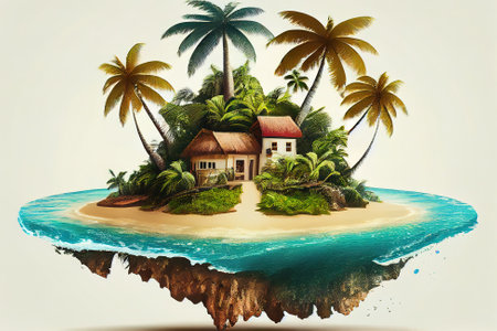 Piece of tropical island with water, palms and bungalow on a beach. Generative Aiの素材