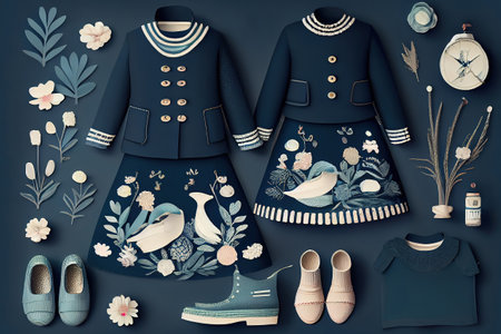 Flat lay set of feminine clothe in marine style for mother and daughter. Generative Aiの素材