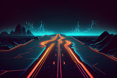 Roadmap design, neon glowing, forward movement, dark environment. Generative Aiの素材