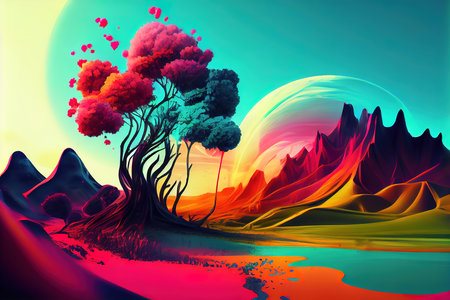 A surreal abstract fantasy landscape in vivid colors. Generative Aiの素材