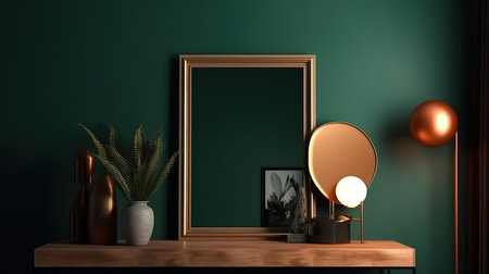 Frame mockup in dark green home interior, 3d render. Generative Aiの素材