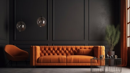 Contemporary interior with modern orange sofa, room in grey tones. Generative Aiの素材