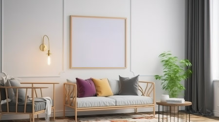 Stylish scandinavian living room with design mint sofa. Generative Aiの素材