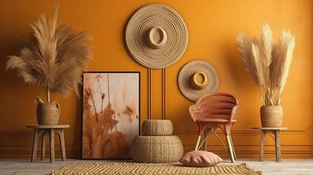 Mockup frame in nomadic boho interior background with rustic decor. Generative Aiの素材