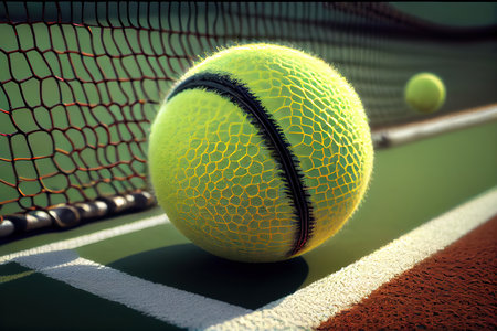 Yellow tennis ball on blue hard court surface with black net. Generative Aiの素材