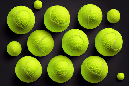 Tennis balls on blue background, flat lay. Sports equipment. Generative Aiの素材