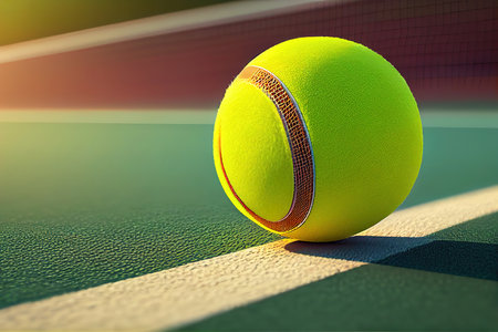 Tennis ball on a tennis court with net. Generative Aiの素材