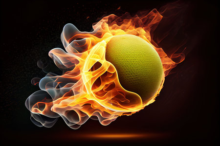 Tennis ball, on fire on black background. Generative Aiの素材
