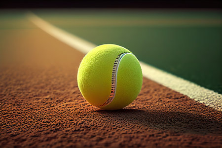 Tennis ball on empty court floor close up outdoor sport field. Generative Aiの素材