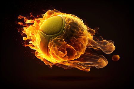 Tennis ball, on fire on black background. Generative Aiの素材