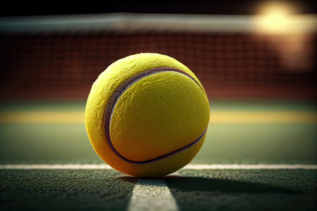 The beginning of a champion, Close up tennis ball on the courts background. Generative Aiの素材
