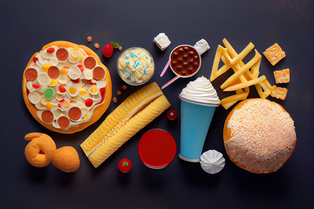 Unhealthy products. food bad for figure, skin, heart and teeth. Generative Aiの素材