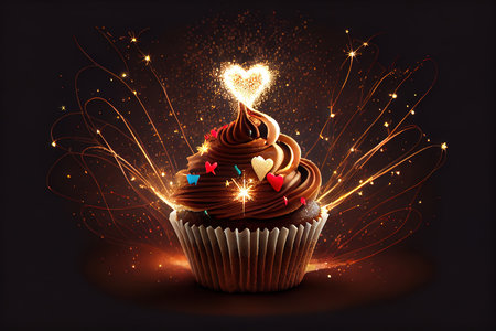 Chocolate Cupcake With Sparkler And Hearts of Lights. Generative Aiの素材