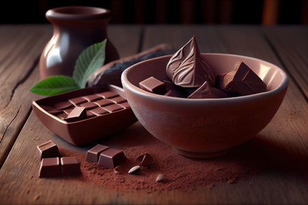 Chocolate pieces with cocoa powder in bowl on wooden table. Generative Aiの素材