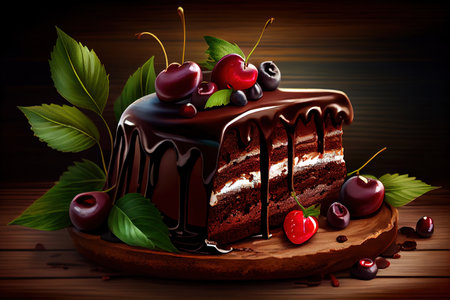 Chocolate cake slice on wooden platter. Generative Aiの素材