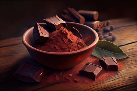 Chocolate pieces with cocoa powder in bowl on wooden table. Generative Aiの素材