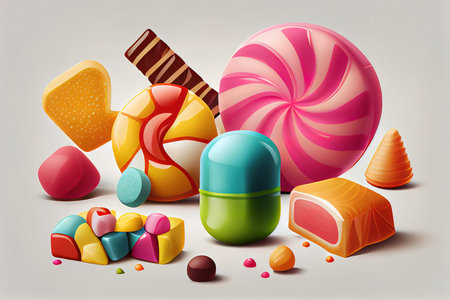 Colorful romantic candys on the wooden table. Generative Aiの素材