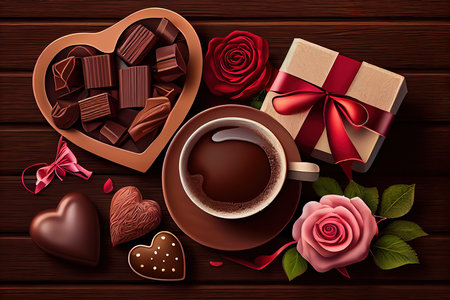 Rose flowers and gift boxes on wooden background. Generative Aiの素材