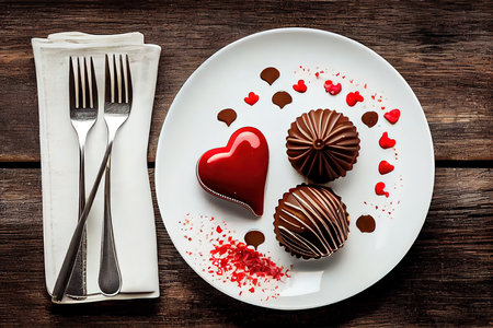 chocolate candies on white plate, fork, knife and red ribbons on wooden table. Generative Aiの素材