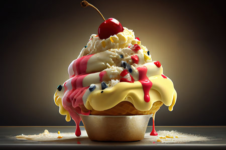 Top view waffle cones with banana ice cream. Generative Aiの素材