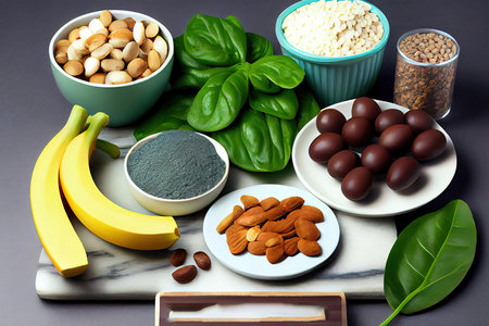 Assortment of high magnesium sources bananas, nuts, oatmea. Generative Aiの素材