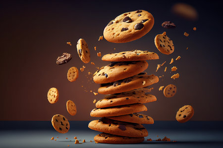 Chocolate chip cookies falling in stack. Generative Aiの素材