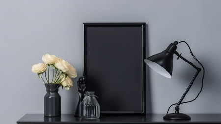 Portrait of Mountain Vertical black frame mockup close up on wall. Generative Aiの素材