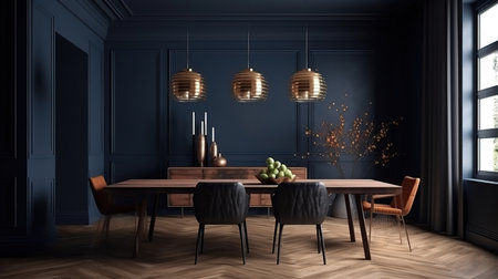 Home mockup, modern dark blue dining room interior with brown leather chairs. Generative Aiの素材