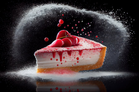 cherry cheesecake on a black background with reflection. Generative Aiの素材