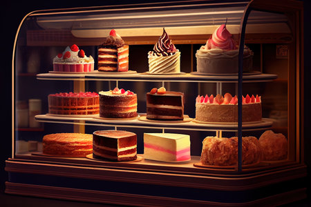 Different types of delicious cakes in pastry shop showcase. Generative Aiの素材
