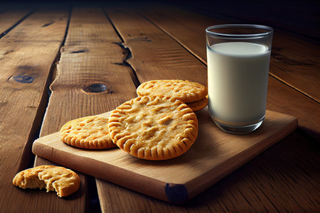 A glass of milk and cookies on the table, on blue, minimalism. Generative Aiの素材