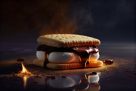 Pouring milk on cookies stack on wooden board. Generative Aiの素材