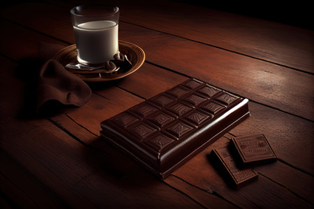 Pieces of black chocolate on wooden table. Generative Aiの素材