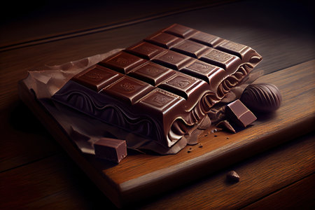 Pieces of black chocolate on wooden table. Generative Aiの素材