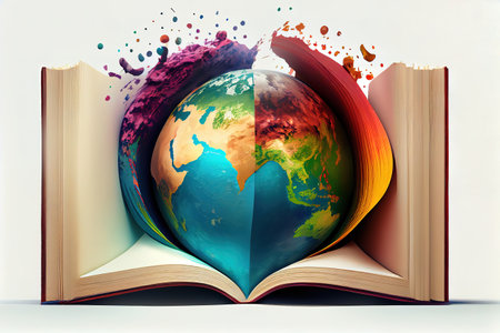 open book over the Planet on isolated white background. Generative Aiの素材