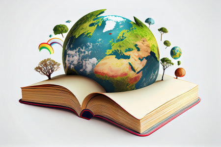 Mental Health Day concept, books pile and globe. Generative Aiの素材