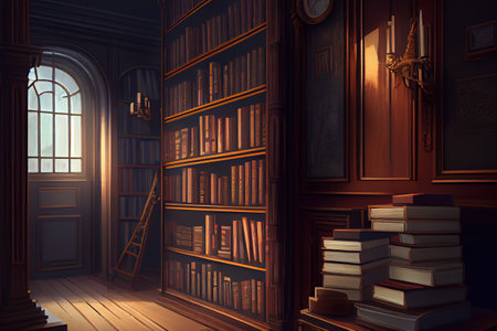 Books on Shelves in Library or Study with Classic Dark Wood. Generative Aiの素材
