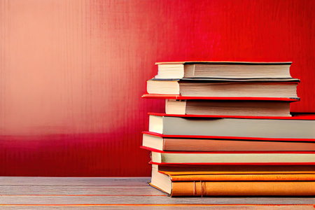 deployed books on the dark wooden surface. top view. Generative Aiの素材