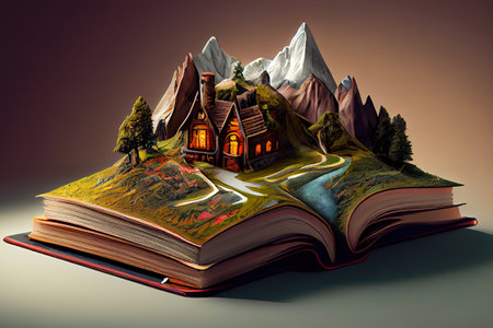 Holiday greeting card magic book with green spring landscape. Generative Aiの素材